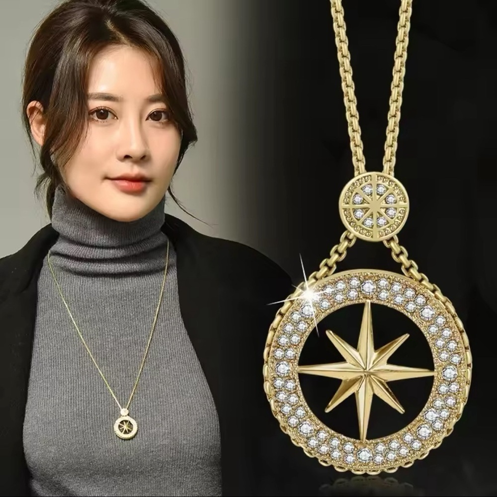 18K Gold Nautical Star Medallion Necklace With Diamonds Inlay Adjustable Length - Picture 2 of 7